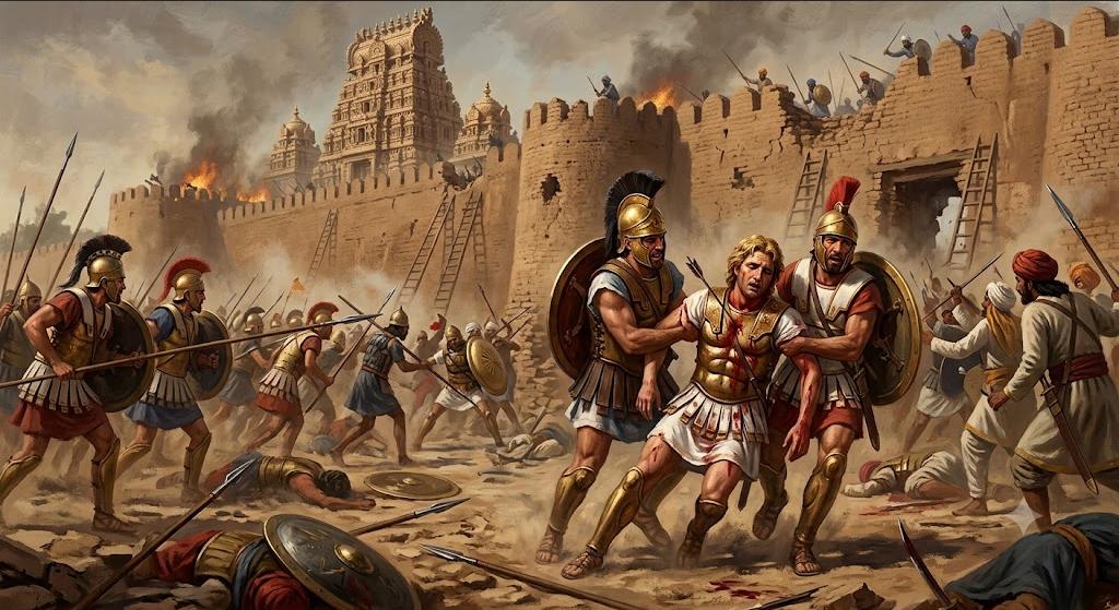 Alexander the Great being rescued by his companions at the Battle with the Mallians